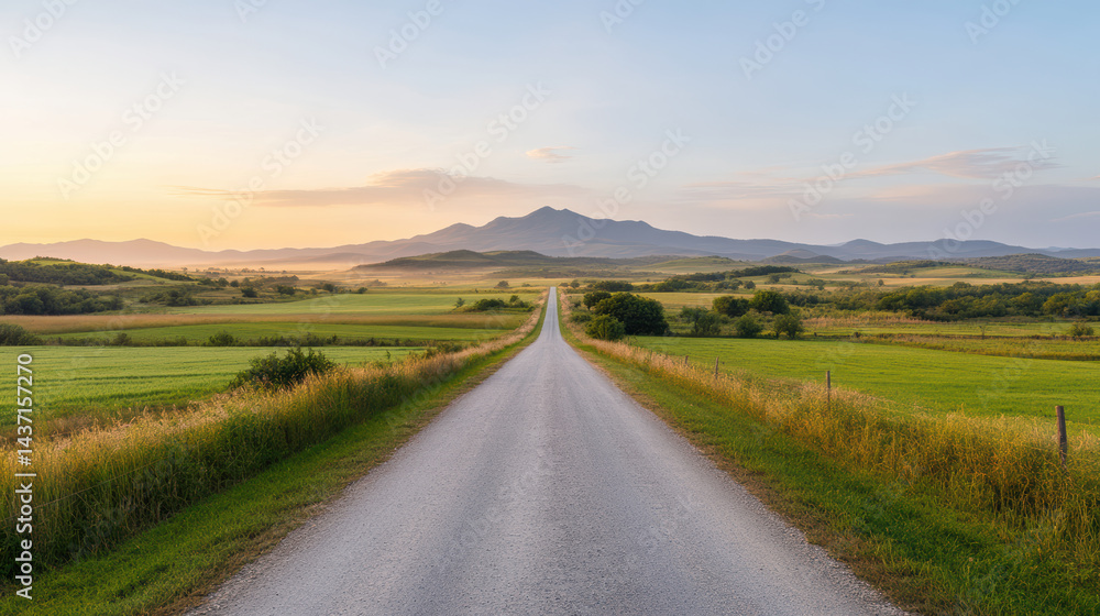Serene empty road stretches through lush farmland, leading towards distant mountains clear sky Serene empty road stretches through lush farmland, leading towards distant mountains clear sky