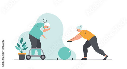 Elderly woman practicing physical therapy with caregiver in bright setting  