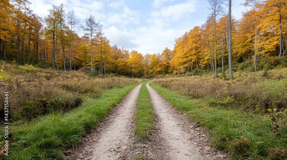 Obraz premium Serene forest path surrounded by vibrant autumn foliage, inviting exploration and tranquility