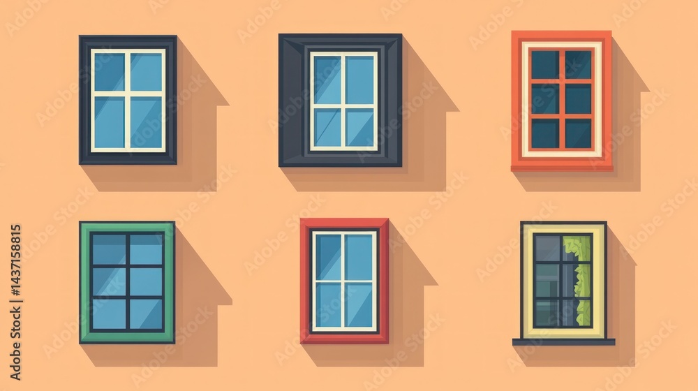 Fototapeta premium Colorful windows on building facade; architectural design