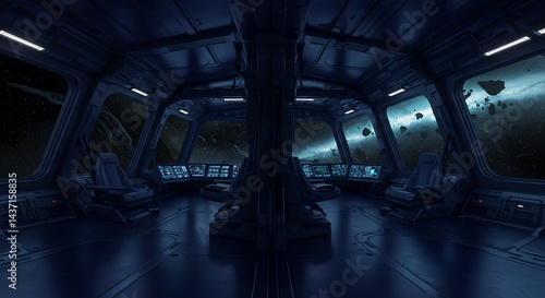HDRI panoramic 360-degree high resolution rendering of futuristic spaceship interior glowing windows metallic walls immersive reflections suitable sci-fi concept artwork VR mapping digital space