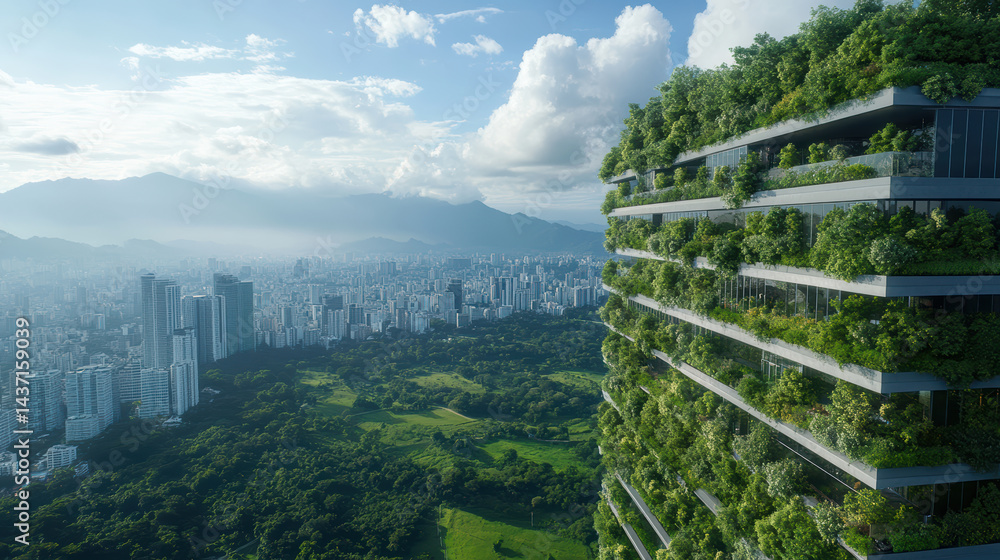 Obraz premium Sustainable cityscape featuring green buildings and lush vegetation, showcasing harmony with
