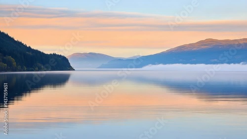Wallpaper Mural Tranquil lake reflections at sunrise with forested shoreline and mountains shrouded in mist, creating serene nature vista Torontodigital.ca