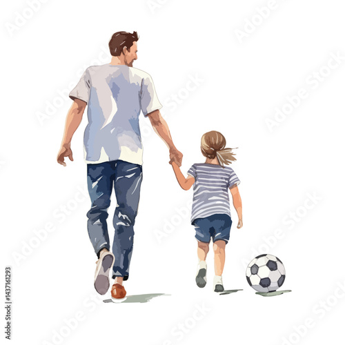 dad playing soccer cute watercolors illustration on white background