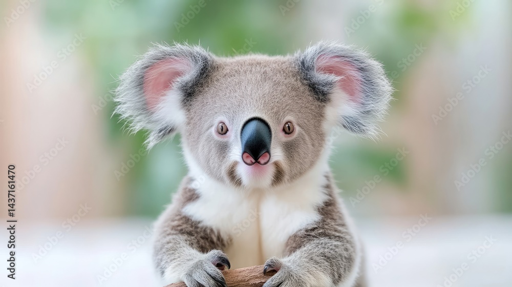 Fototapeta premium Adorable baby koala looking directly at camera. Close-up view of a fluffy, curious young koala