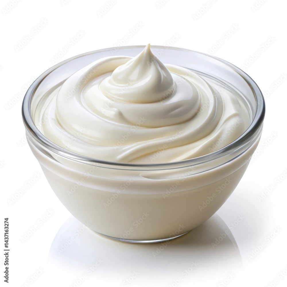 Bowl Of Fresh Sour Cream On White Background High Angle View Bowl Of Fresh Sour Cream On White Background High Angle View