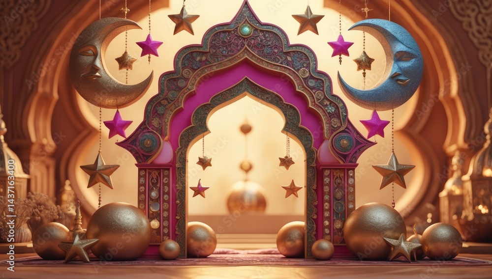 Fototapeta premium An ornate pink and gold archway frames celestial decorations with whimsical moons and stars for