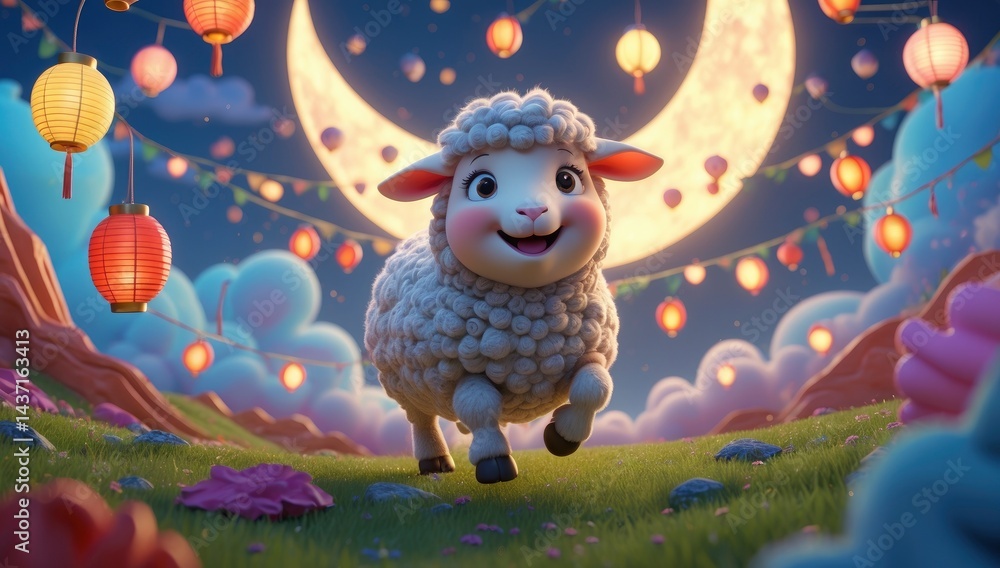Obraz premium A cheerful sheep runs across a grassy field under a glowing moon and festive lanterns, creating a
