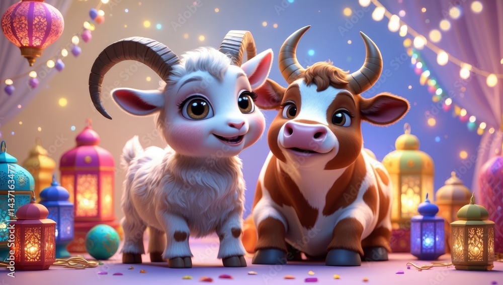 Naklejka premium Two adorable cartoon animal friends, a goat and cow, pose amongst festive lanterns and twinkling