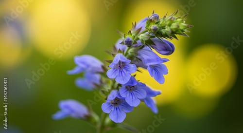 Focus on natural beauty close up stock photo of Scutellaria baicalensis known as Chinese skullcap highlighting delicate flowering plant from Lamiaceae family selective focus on blossoms perfect