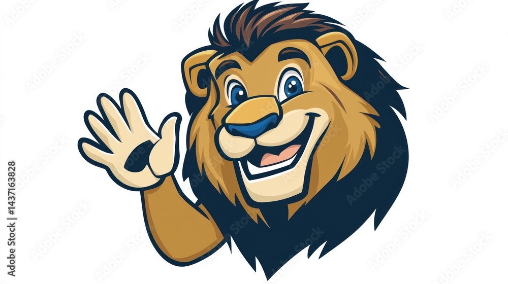 Obraz premium Friendly lion waving hello; white background; cartoon mascot; ideal for children's books