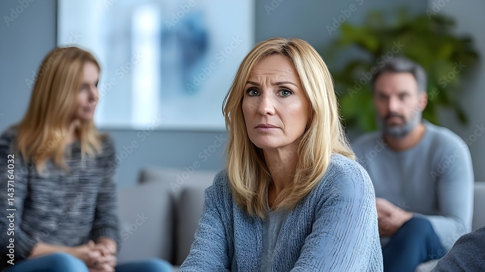 Emotional Group Therapy Session with Anxious Woman in Focus Emotional Group Therapy Session with Anxious Woman in Focus
