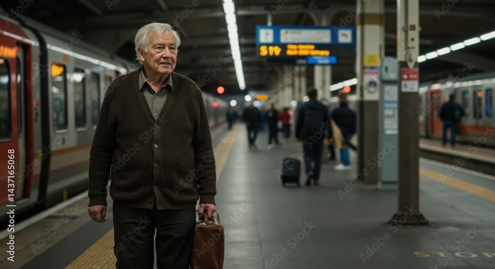 Fototapeta premium Elderly man walking with suitcase at a train station 