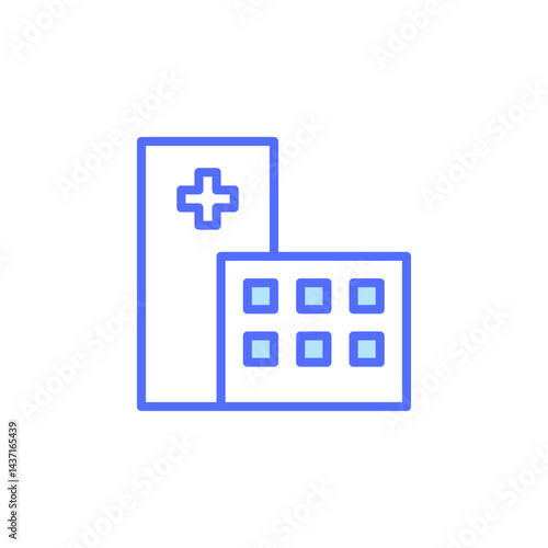 Simple Medical Facility Icon Depicting a Healthcare Building with Medical Services and Emergency Care Symbols