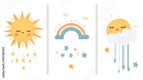 Scandinavian style nursery wall art set featuring hand drawn sun, rainbow, and cloud illustrations
