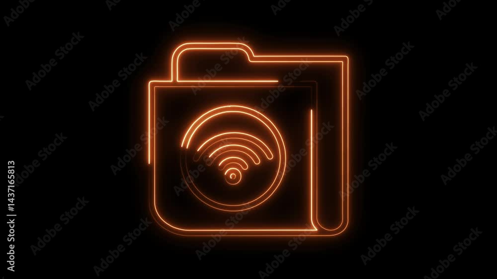Neon folder with wifi signal on black background modern technology connection and data storage glowing digital animation Neon folder with wifi signal on black background modern technology connection and data storage glowing digital animation