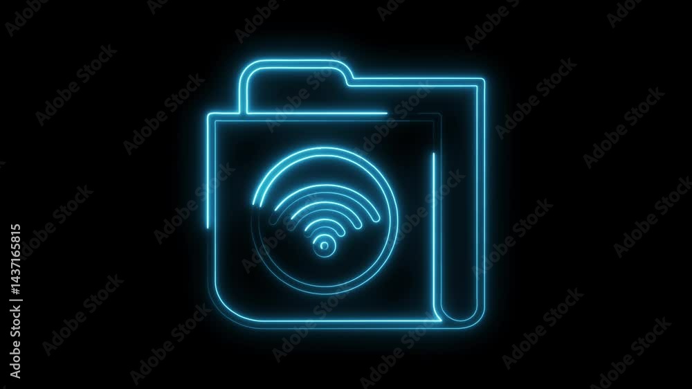 Neon folder with wifi symbol glowing on black background for data connection and internet access Neon folder with wifi symbol glowing on black background for data connection and internet access