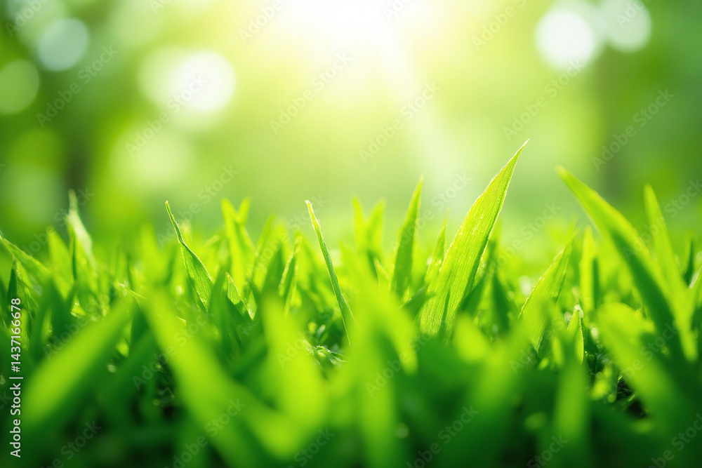 Obraz premium green grass with leaves and sun in the background