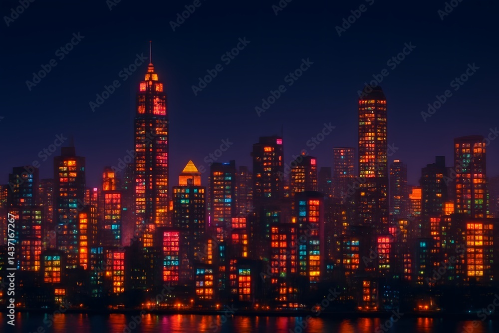 Obraz premium Colorful Lantern City Skyline at Night - Vibrant Skyscraper Windows Reflections, Futuristic Asian Urban Landscape, Festive Lights