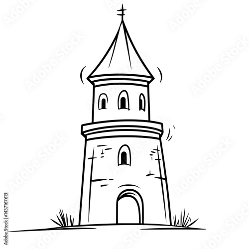 Simple line drawing of a historical tower in nature  