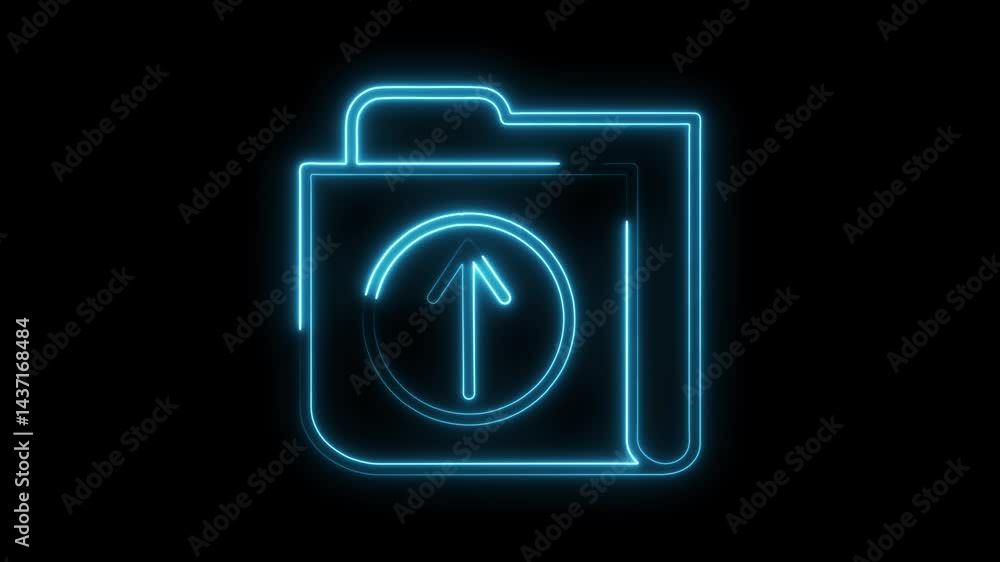 Neon folder upload icon animation on black background loopable futuristic glowing interface for data transfer Neon folder upload icon animation on black background loopable futuristic glowing interface for data transfer