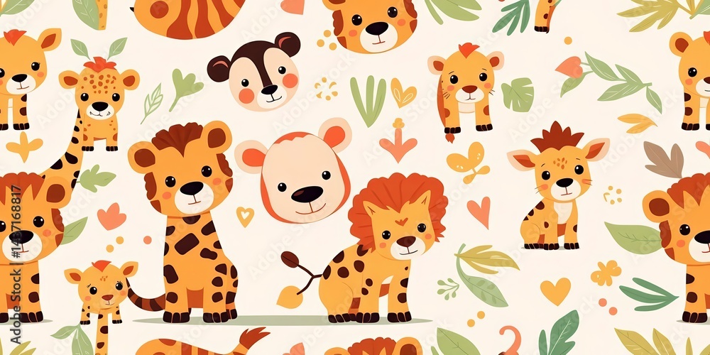 Abstract seamless pattern featuring adorable cartoon safari animals on a pastel background, vector, wallpaper Abstract seamless pattern featuring adorable cartoon safari animals on a pastel background, vector, wallpaper