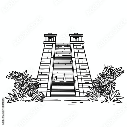 Ancient Karnak Temple illustration with tropical plants  