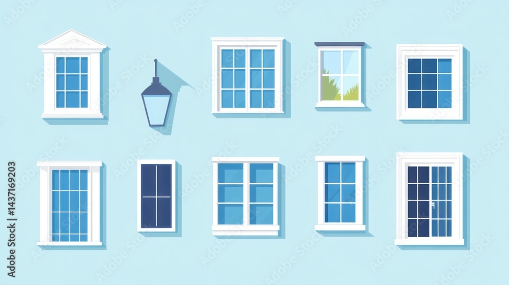 Obraz premium Various window styles on light blue wall, exterior view