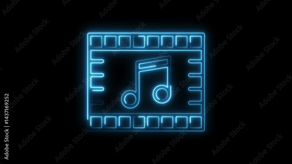 Glowing neon music note within film reel animation on black background Glowing neon music note within film reel animation on black background