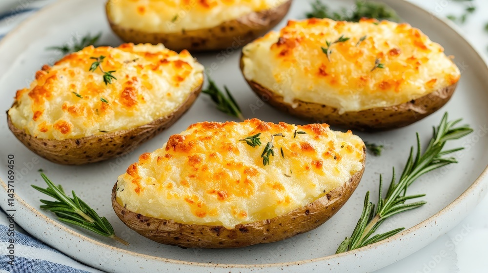 Golden, cheesy twice-baked potatoes topped with herbs, served on a plate with fresh rosemary. Golden, cheesy twice-baked potatoes topped with herbs, served on a plate with fresh rosemary.