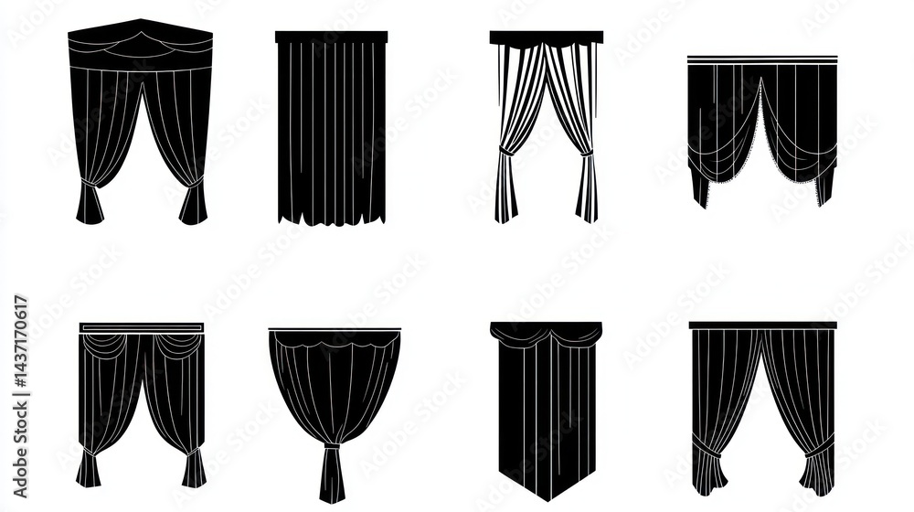 Various curtain styles; design guide; interior decor; white background; home improvement Various curtain styles; design guide; interior decor; white background; home improvement