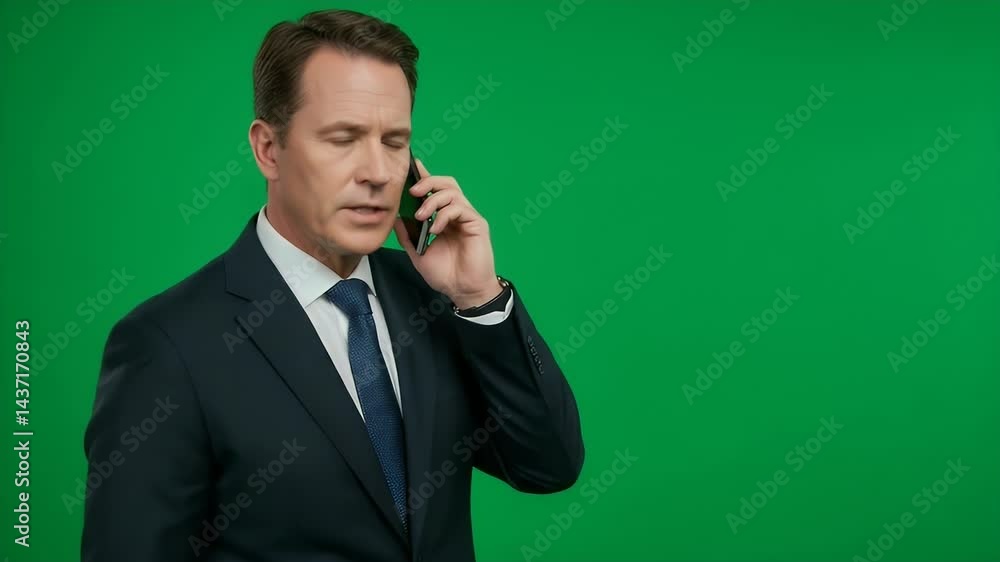 Serious Businessman on Phone Call Against Green Screen Serious Businessman on Phone Call Against Green Screen