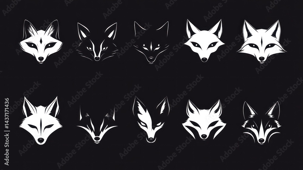 Twelve fox head silhouettes; graphic design elements; dark background; logo design Twelve fox head silhouettes; graphic design elements; dark background; logo design