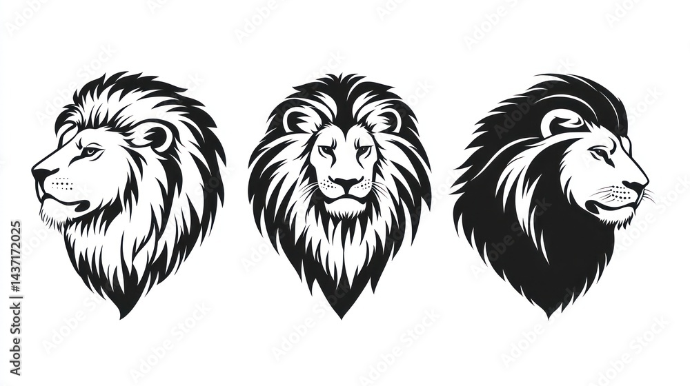 Fototapeta premium Three lion head illustrations, profile and front views, white background, for logos