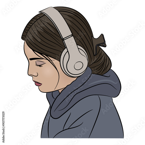 Head of a pretty sad young girl listening music in headphones. Isolated vector illustration.