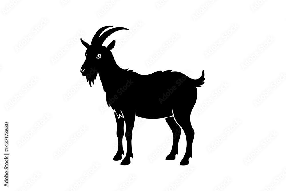 Fototapeta premium Silhouette vector illustration of a goat standing on a white background, goat, silhouette, vector, animal, livestock, farm animal, horned, black and white, illustration, mammal, domestic animal