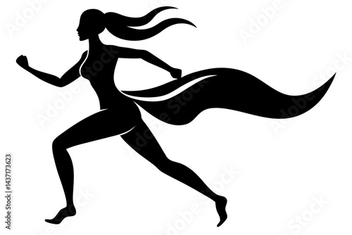 Silhouette of a running woman with flowing fabric elegance and determination, woman, running, silhouette, vector, black and white, female, motion, sport, fitness, athlete, exercise, active, runner