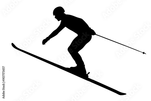 Silhouette of a skier on a slope demonstrating a downhill skiing technique with poles, skier, skiing, silhouette, winter sport, downhill, extreme sport, action, activity, recreation, sport, person