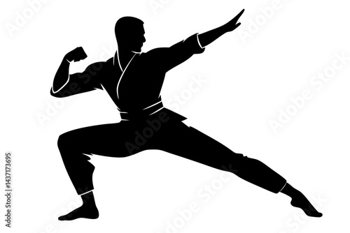 Silhouette illustration of karate master striking offensive pose in black and white graphic style, karate, martial arts, self defense, fighter, fighting, combat, training, pose, movement, defense