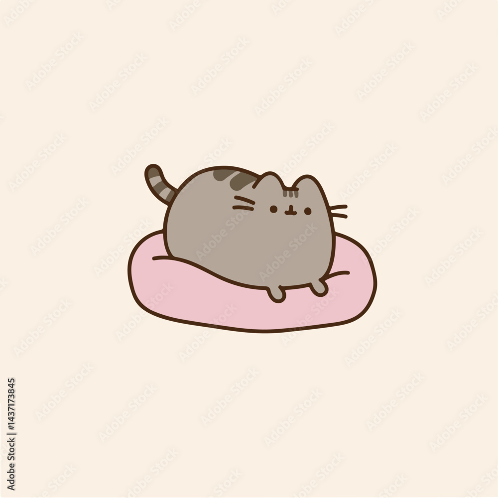 Cartoon cat lounging on comfy pink cushion Cartoon cat lounging on comfy pink cushion