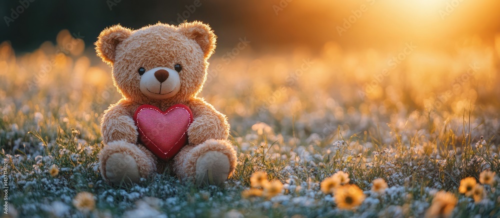 Fototapeta premium Teddy bear holding heart, sunset field, love, Valentine's
