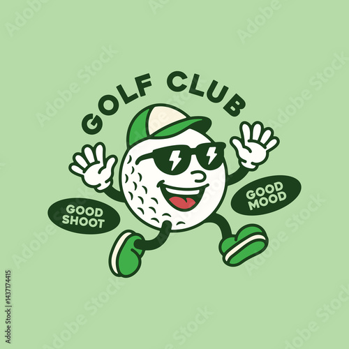 Cool Golf Ball Cartoon Character Wearing Sunglasses Jumping, Retro Sport Style Illustration