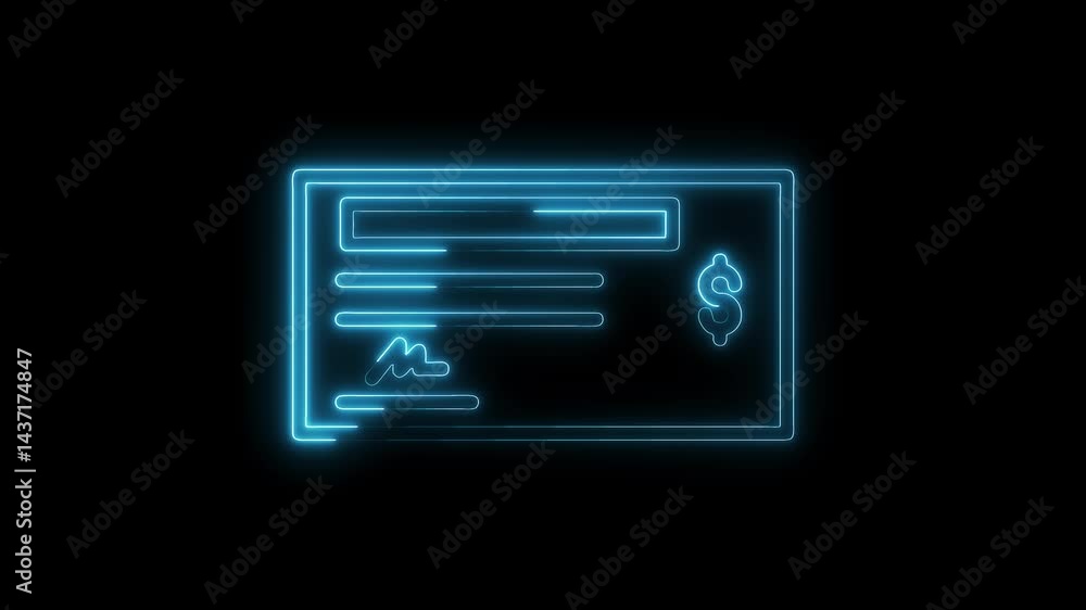 Neon glowing bank check animation on black background representing payment and financial transactions digital design Neon glowing bank check animation on black background representing payment and financial transactions digital design