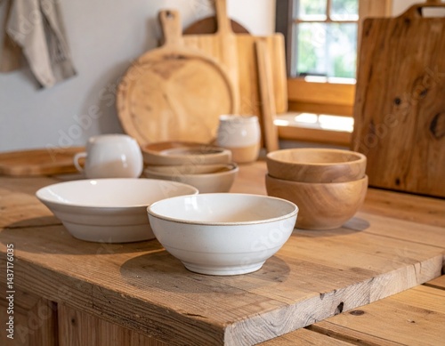 Ceramic Bowl Set Mockup on Rustic Farmhouse Kitchen Counter