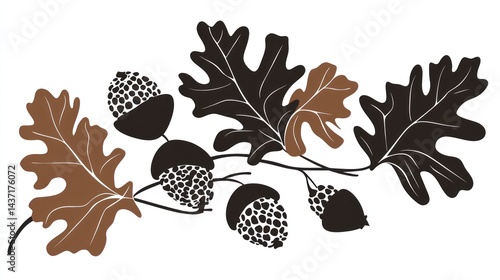 Autumn oak leaves and acorns branch design, fall decoration