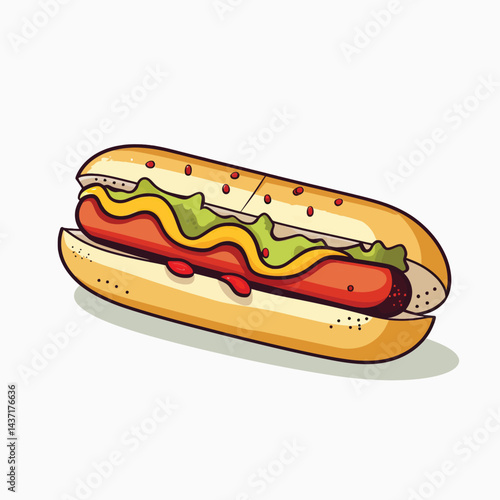 A cartoon hotdog with mustard lettuce and ketchup on a white background art