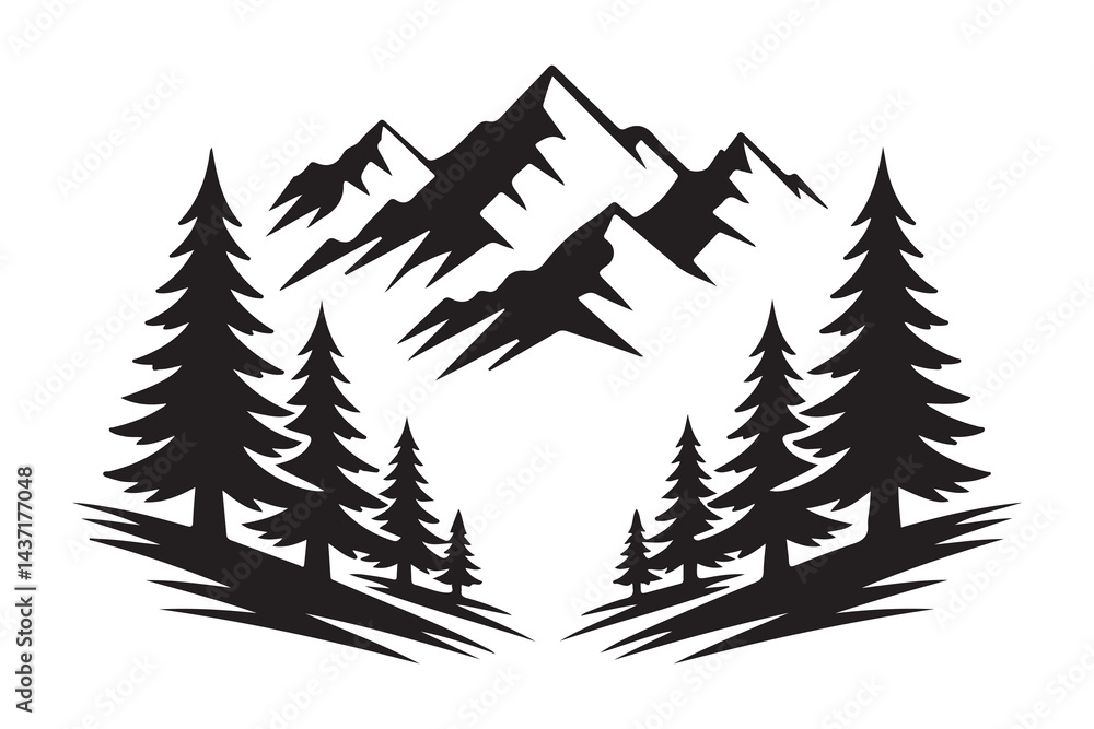 Obraz premium Mountain landscape silhouette with pine trees and hills in black and white vector illustration.