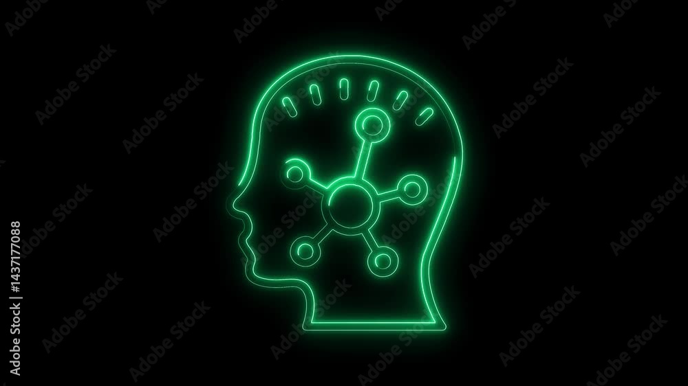 Glowing green neon brain silhouette representing artificial intelligence and neural networks concept visualization on black background Glowing green neon brain silhouette representing artificial intelligence and neural networks concept visualization on black background