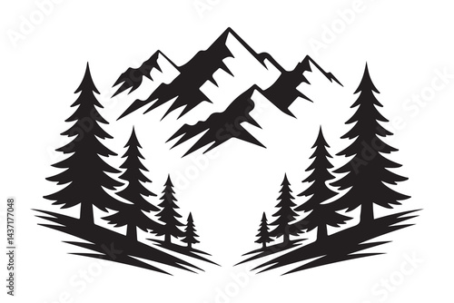 Mountain landscape silhouette with pine trees and hills in black and white vector illustration.