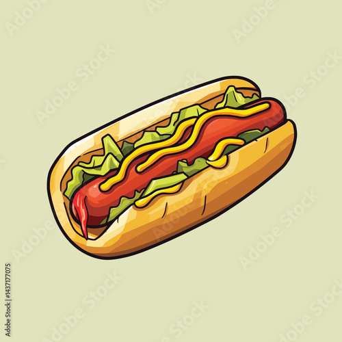 Illustration of a hotdog with mustard and lettuce on a light green background